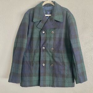 Gap Men’s Peacoat Size Large Tartan Plaid Wool Blend Navy Blue Green Vintage